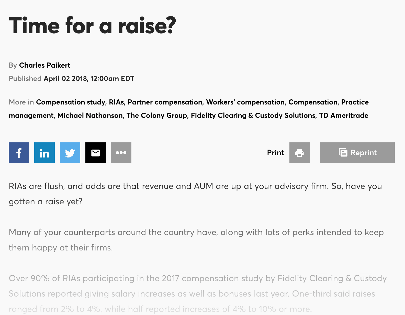 A webpage titled Time for a raise? includes details about financial advisor compensation. An article by Charles Paikert discusses revenue, assets under management, and salary increases based on a 2017 compensation study by Fidelity Clearing & Custody Solutions.