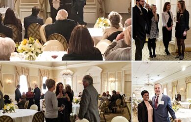 A collage of three images shows a formal event in an elegant venue. One image features a speaker on a podium, another shows attendees mingling, and the last captures small groups engaged in conversation. Tables are set with floral centerpieces.