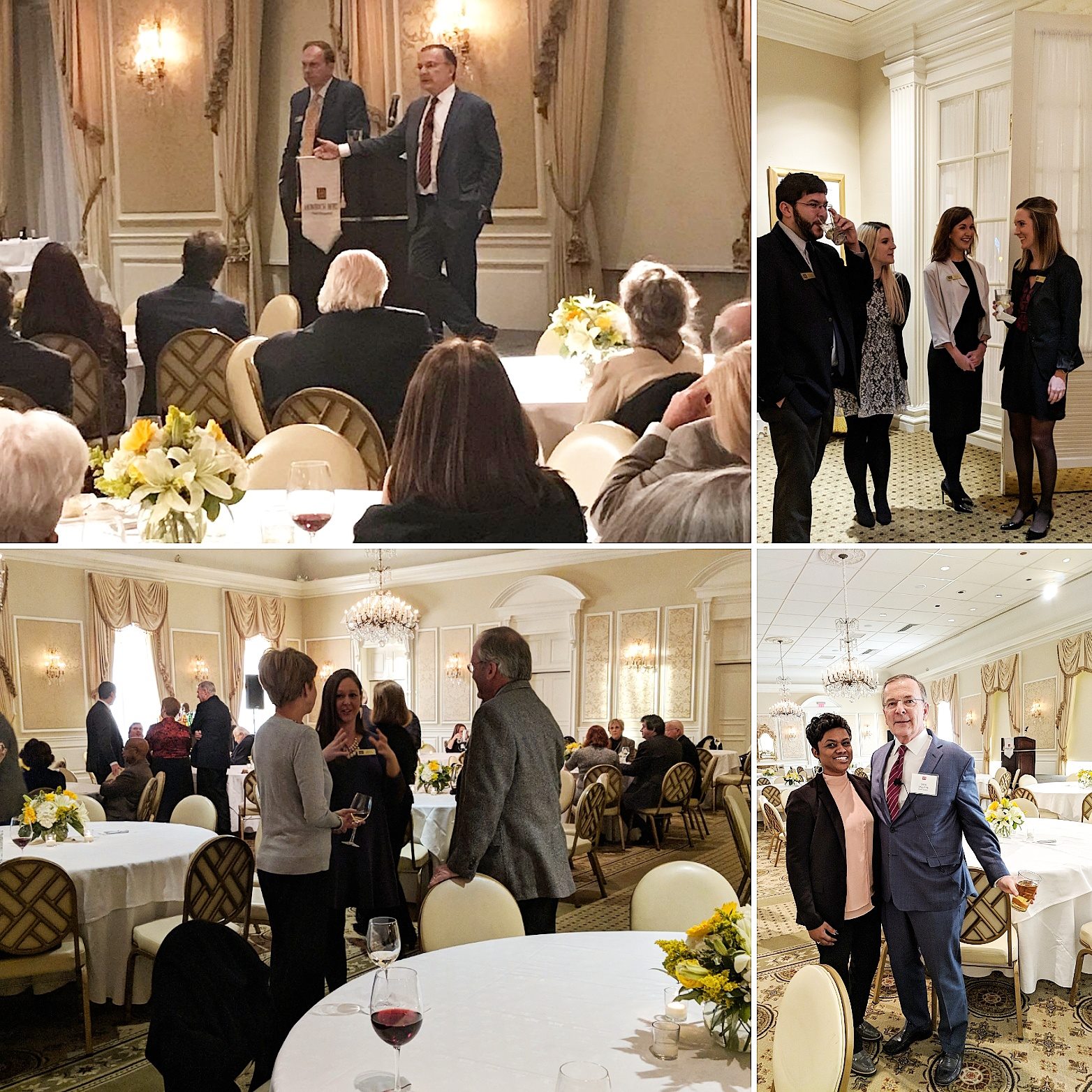 A collage of three images shows a formal event in an elegant venue. One image features a speaker on a podium, another shows attendees mingling, and the last captures small groups engaged in conversation. Tables are set with floral centerpieces.