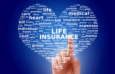 A hand points at a blue background filled with a cloud of white words related to life insurance, such as medical, risk, heart, care, policy, expenses, and individual, with LIFE INSURANCE prominently centered.