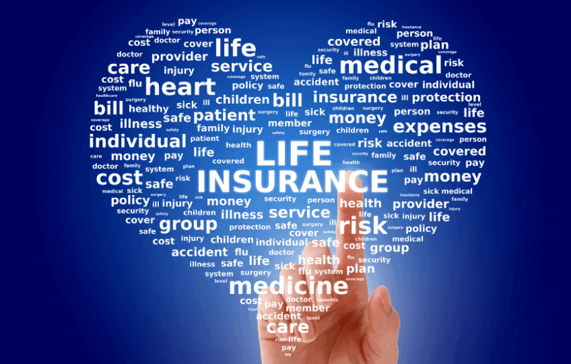 A hand points at a blue background filled with a cloud of white words related to life insurance, such as medical, risk, heart, care, policy, expenses, and individual, with LIFE INSURANCE prominently centered.