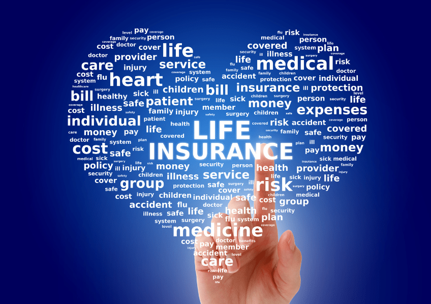 A hand points at a blue background filled with a cloud of white words related to life insurance, such as medical, risk, heart, care, policy, expenses, and individual, with LIFE INSURANCE prominently centered.