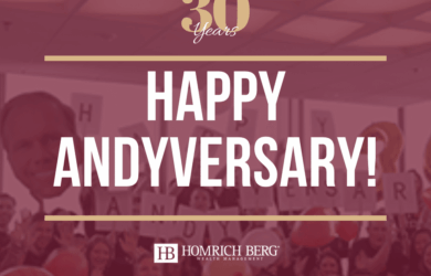 Celebratory image with the text 30 Years, Happy Andyversary! A crowd of people holding balloons and smiling, with the logo Homrich Berg Wealth Management featured at the bottom.