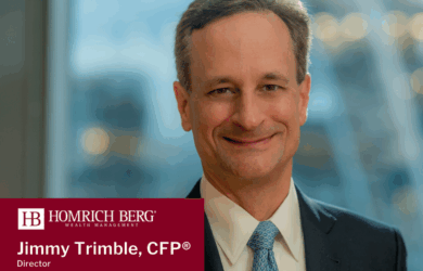 A person in a suit smiles at the camera with a blurred cityscape background. A red banner displays Homrich Berg Wealth Management and reads Jimmy Trimble, CFP®, Director.