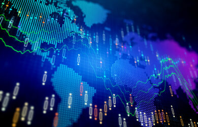 Digital map of the world with overlaying colorful financial graphs and data. The map features dotted representations of continents, while fluctuating lines and numbers depict market trends and analysis indicators.