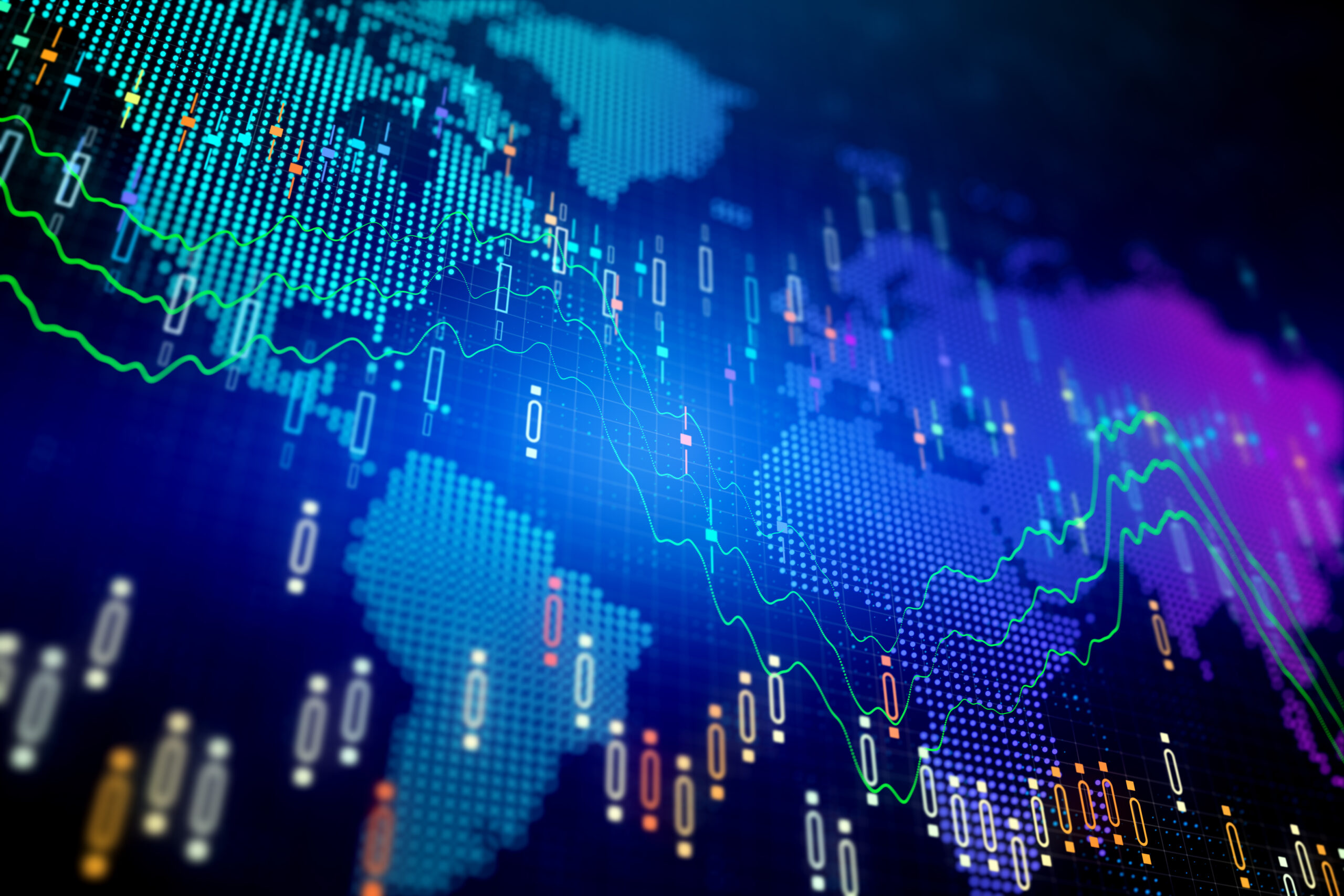 Digital map of the world with overlaying colorful financial graphs and data. The map features dotted representations of continents, while fluctuating lines and numbers depict market trends and analysis indicators.