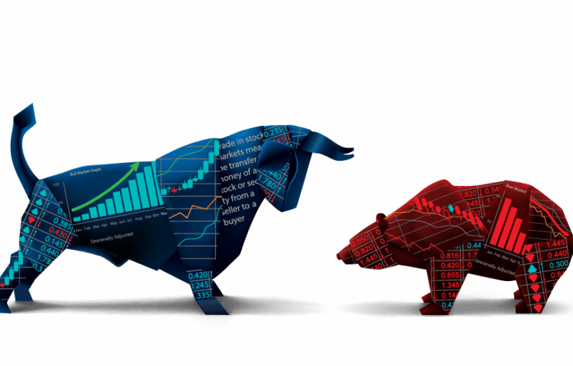 Illustration of a blue bull and a red bear facing each other. The bull is filled with upward trending stock charts and numbers, while the bear contains downward trending charts and numbers, representing bullish and bearish stock market trends.