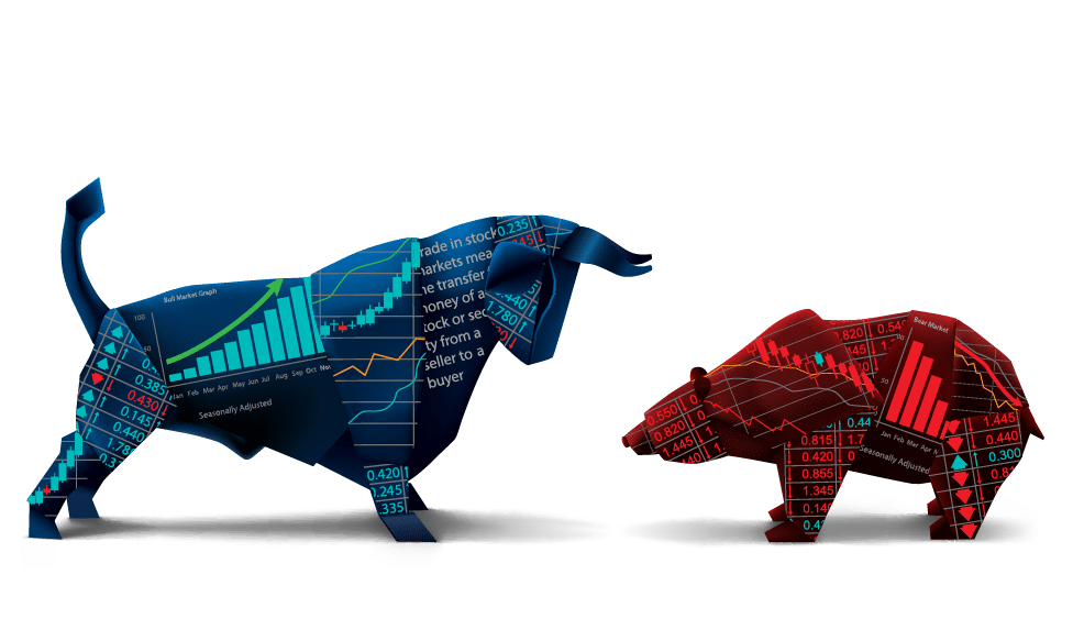 Illustration of a blue bull and a red bear facing each other. The bull is filled with upward trending stock charts and numbers, while the bear contains downward trending charts and numbers, representing bullish and bearish stock market trends.