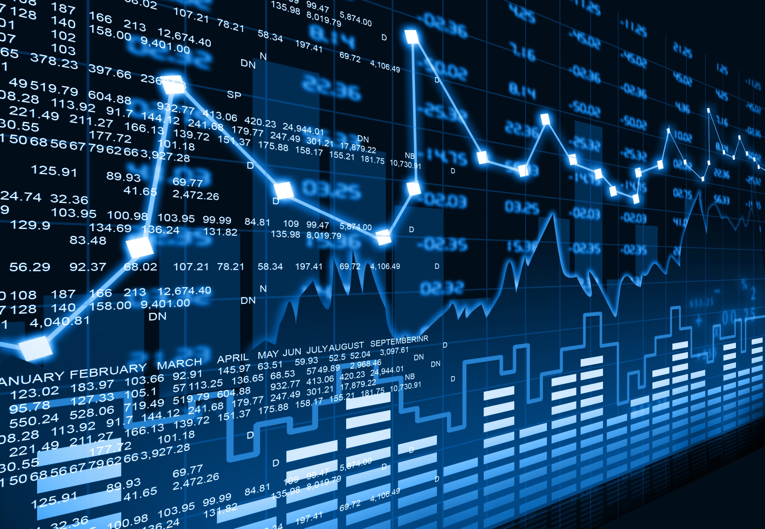 A financial graph with fluctuating lines and bar charts is displayed over a background of numerical data and dates. The image is predominantly blue, symbolizing market analysis and stock trends.
