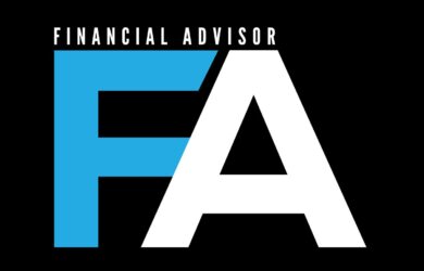 Bold blue and white letters FA on a black background, with Financial Advisor written above in smaller white text.