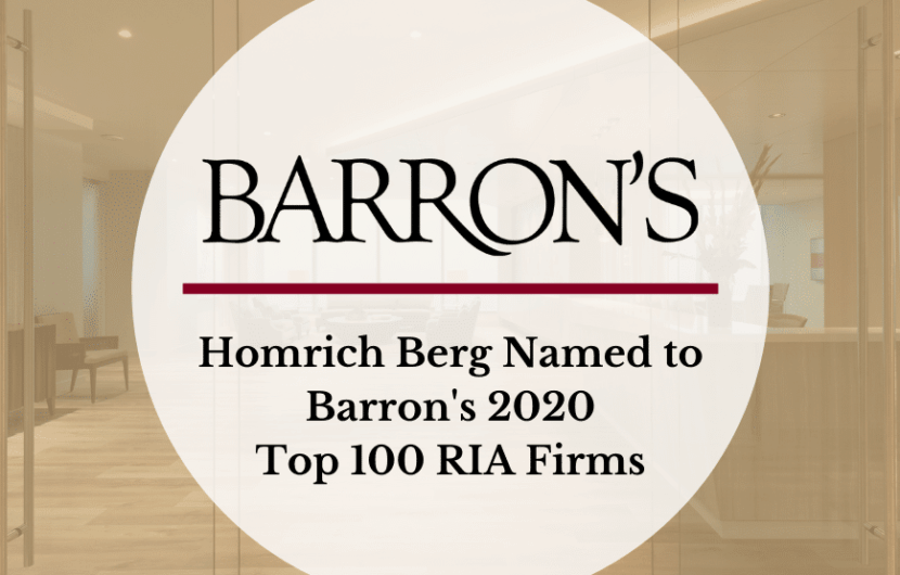 A circular graphic with the text BARRONS at the top and Homrich Berg Named to Barrons 2020 Top 100 RIA Firms beneath it. The background shows a blurred office setting with wooden floors and glass doors.