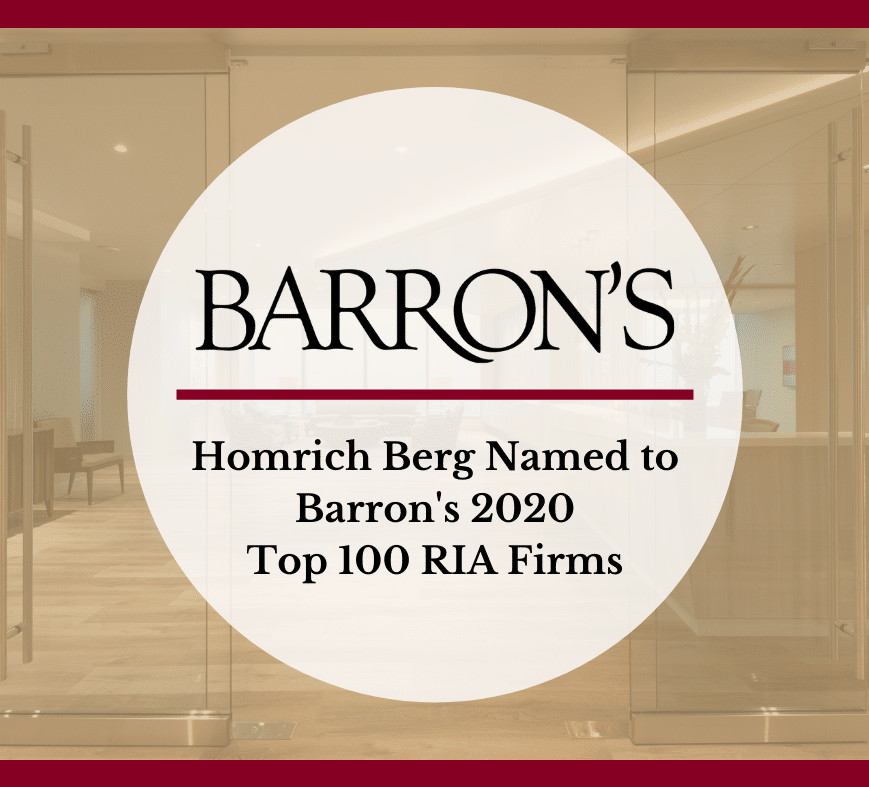 A circular graphic with the text BARRONS at the top and Homrich Berg Named to Barrons 2020 Top 100 RIA Firms beneath it. The background shows a blurred office setting with wooden floors and glass doors.