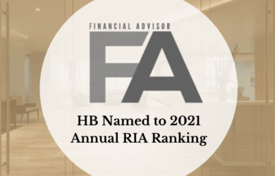 Transparent office entrance with text overlay: FINANCIAL ADVISOR FA. HB Named to 2021 Annual RIA Ranking.