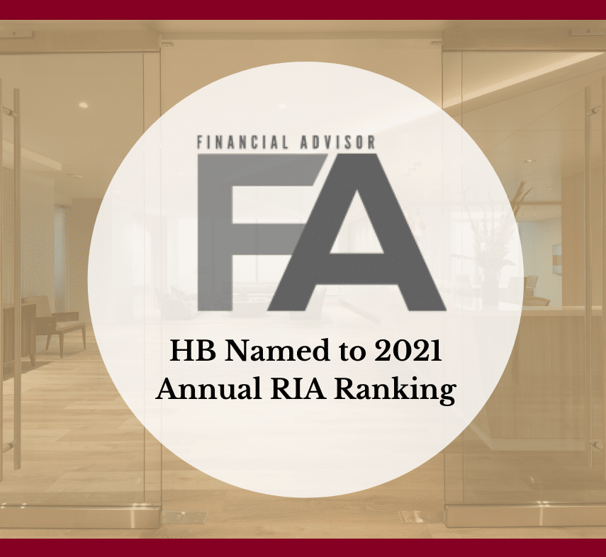Transparent office entrance with text overlay: FINANCIAL ADVISOR FA. HB Named to 2021 Annual RIA Ranking.