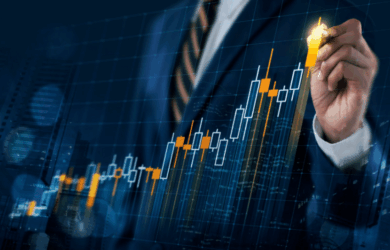 A person in a suit is drawing with a glowing pen on a digital screen, displaying a financial candlestick chart with rising data points. The background shows a cityscape, symbolizing growth and investment strategies.