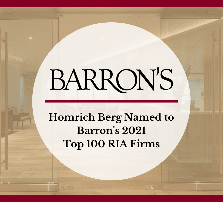 A promotional graphic with the Barrons logo. Text reads: Homrich Berg Named to Barrons 2021 Top 100 RIA Firms, displayed on a blurred office background with glass doors.