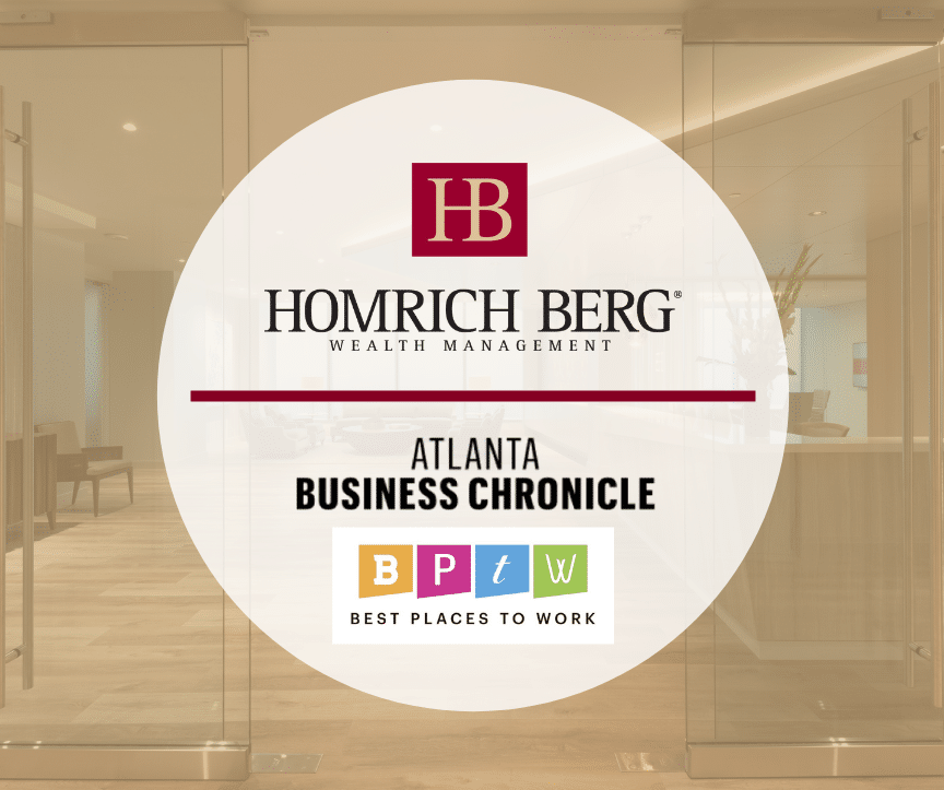 Logo of Homrich Berg Wealth Management with Atlanta Business Chronicle and Best Places to Work below it, featuring colored blocks with the letters B, P, T, and W. Background shows a modern office interior.