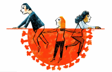 Illustration of three people walking on a large, orange coronavirus symbol. Each appears to be in mid-step, with the first person leading, the second holding their arm, and the third following behind. The image symbolizes navigating challenges.
