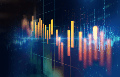 A futuristic digital illustration depicting glowing orange and yellow bar graphs on a dark blue background with abstract lines and dots. The image suggests data visualization, analytics, and technology concepts.