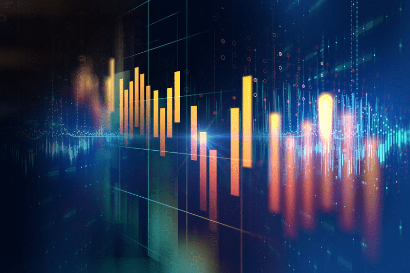 A futuristic digital illustration depicting glowing orange and yellow bar graphs on a dark blue background with abstract lines and dots. The image suggests data visualization, analytics, and technology concepts.