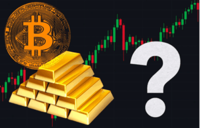 A digital Bitcoin symbol and a stack of gold bars are depicted against a financial chart background, featuring a large question mark. The image suggests a comparison or inquiry about investment choices between cryptocurrency and gold.