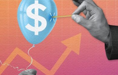 A hand holding a pin approaches a blue balloon with a dollar sign, against a colorful background with a rising arrow graph. The image symbolizes financial risk or economic change.