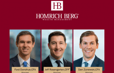 A promotional image featuring three men against a red background with the Homrich Berg wealth management logo at the top. Each man is labeled with their name, title, and professional certification: Ford Donohue, Jeff Rosengarten, and Dan Ziznewski.