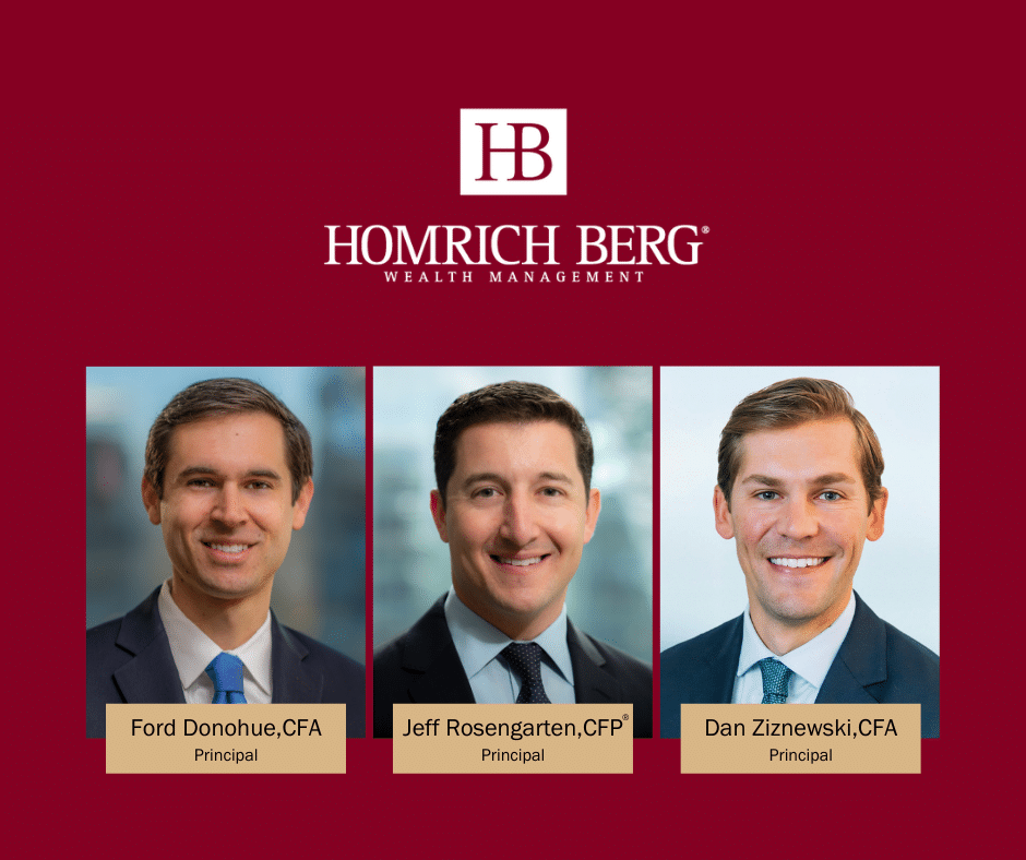 A promotional image featuring three men against a red background with the Homrich Berg wealth management logo at the top. Each man is labeled with their name, title, and professional certification: Ford Donohue, Jeff Rosengarten, and Dan Ziznewski.