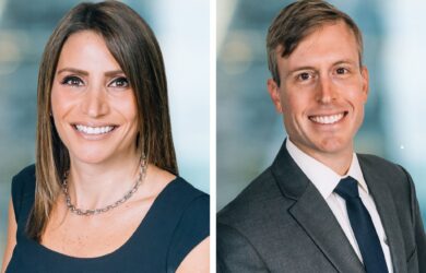 A woman and a man in formal attire are smiling in separate portrait shots. The woman has shoulder-length, brown hair and is wearing a necklace and a black top. The man has short, light brown hair, wearing a suit with a white shirt and dark tie.