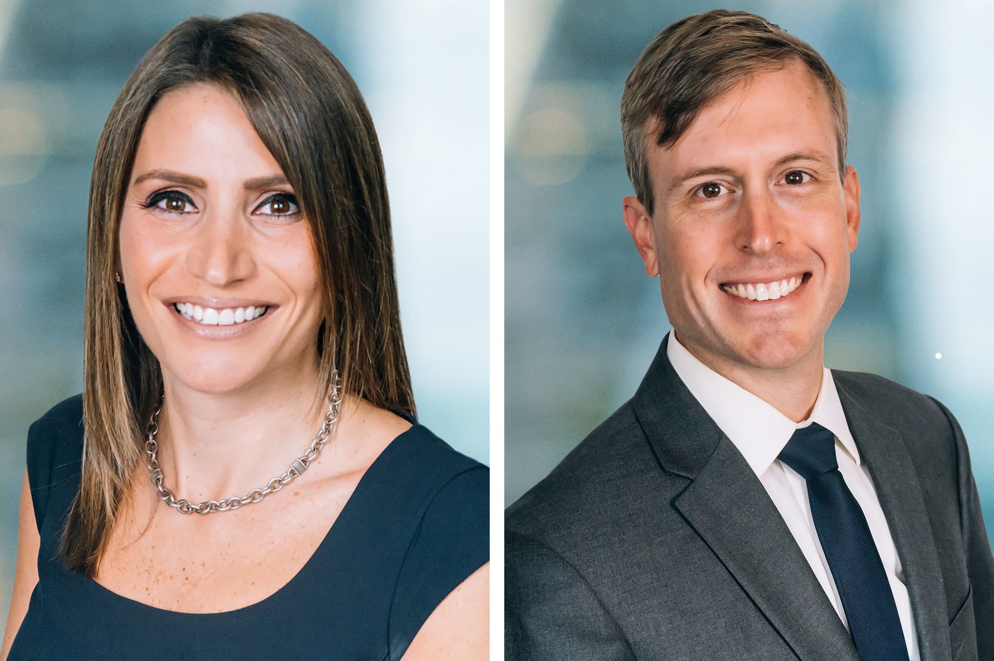 A woman and a man in formal attire are smiling in separate portrait shots. The woman has shoulder-length, brown hair and is wearing a necklace and a black top. The man has short, light brown hair, wearing a suit with a white shirt and dark tie.
