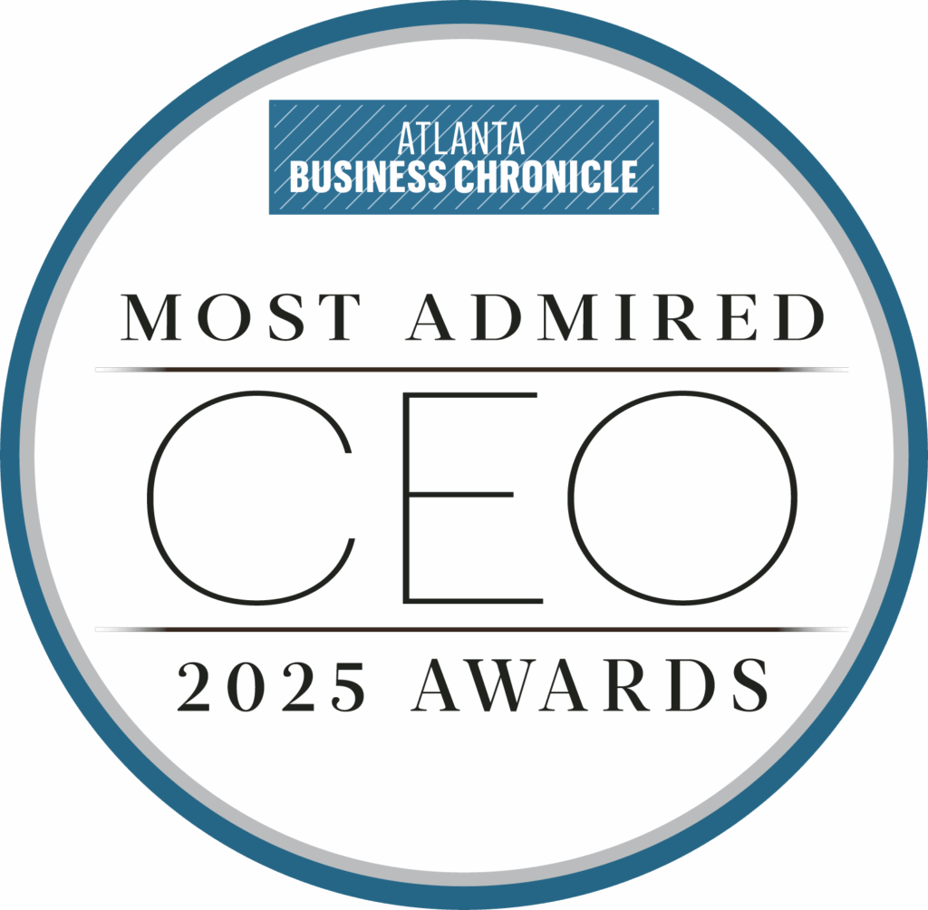 Circular logo featuring Atlanta Business Chronicle at the top and text reading Most Admired CEO 2025 Awards in the center, with a blue border around the image.