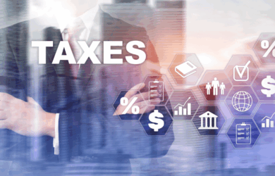 A person in a suit stands with arms crossed. The word TAXES is prominent. Icons include a percentage sign, dollar symbol, bank, checklist, globe, and bar graph, all within hexagonal shapes, symbolizing financial concepts.