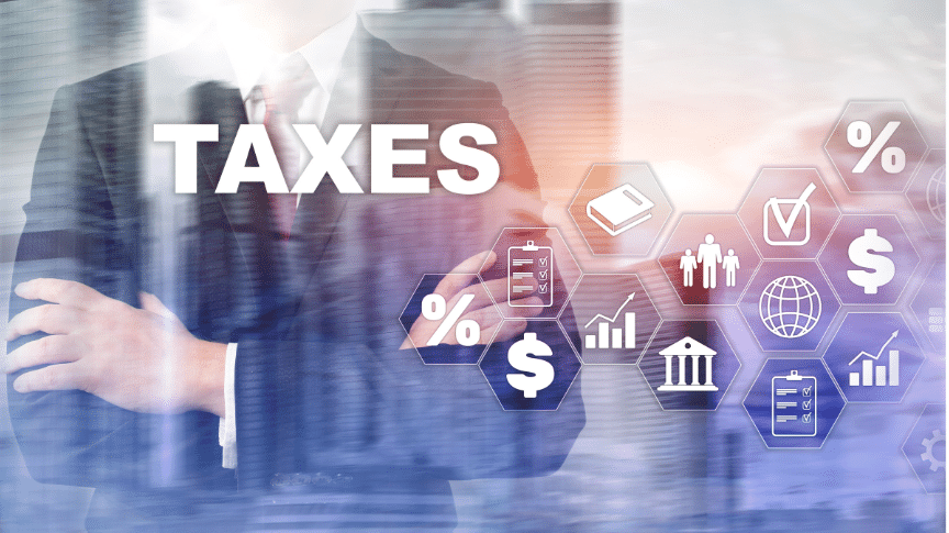 A person in a suit stands with arms crossed. The word TAXES is prominent. Icons include a percentage sign, dollar symbol, bank, checklist, globe, and bar graph, all within hexagonal shapes, symbolizing financial concepts.