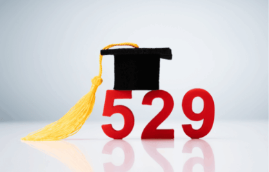 A small graduation cap with a yellow tassel sits atop the number 529 in bold red against a light background, representing a 529 college savings plan.