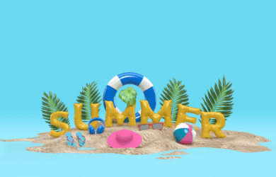 A summer-themed graphic featuring the word SUMMER in large yellow letters on sandy ground. Surrounding it are palm leaves, a beach ball, sunglasses, a pink sunhat, blue headphones, and a blue and white lifebuoy.