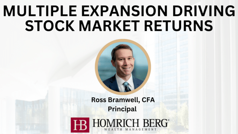 Presentation slide with the title Multiple Expansion Driving Stock Market Returns. Includes a photo of a man labeled Ross Bramwell, CFA, Principal. The logo and name Homrich Berg Wealth Management are at the bottom.
