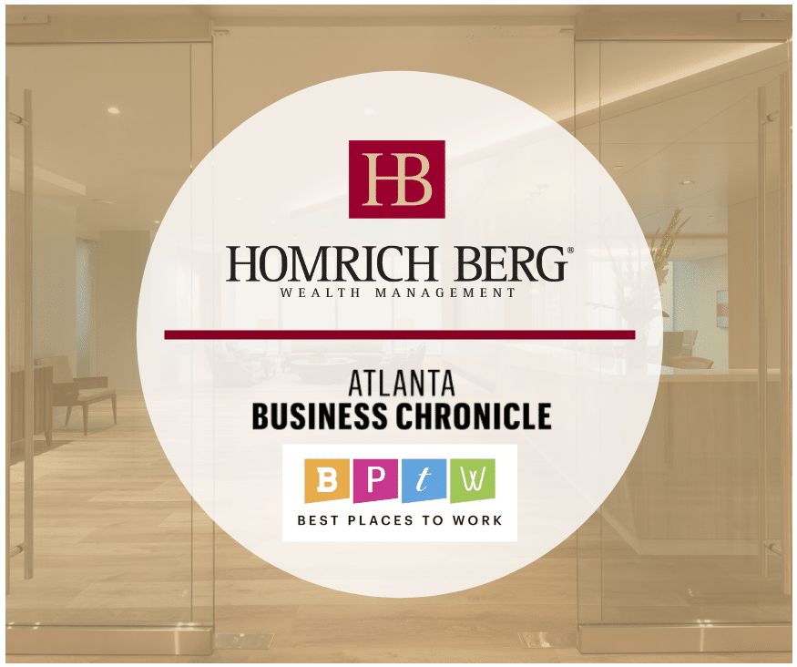 Logo of Homrich Berg Wealth Management with accolades reading Atlanta Business Chronicle and Best Places to Work set against a background of a modern office lobby.
