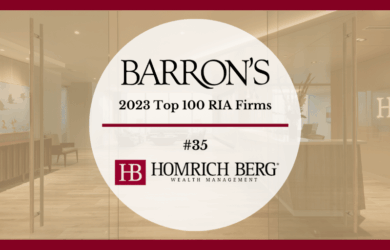 Image of a banner displaying Barrons 2023 Top 100 RIA Firms with the rank #35 and Homrich Berg Wealth Management logo. The background shows a blurred office entrance and conference room.