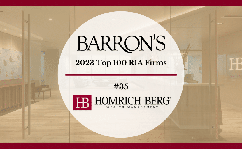 Image of a banner displaying Barrons 2023 Top 100 RIA Firms with the rank #35 and Homrich Berg Wealth Management logo. The background shows a blurred office entrance and conference room.