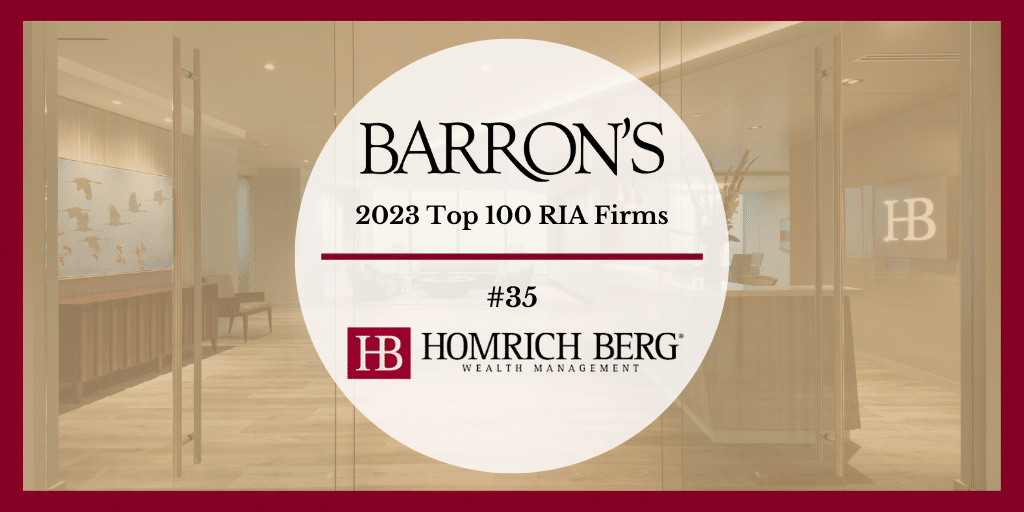 Image of a banner displaying Barrons 2023 Top 100 RIA Firms with the rank #35 and Homrich Berg Wealth Management logo. The background shows a blurred office entrance and conference room.
