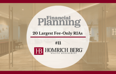 Banner with text: Financial Planning, 20 Largest Fee-Only RIAs, #11. Below is the logo for Homrich Berg Wealth Management. Background shows a blurred office hallway.