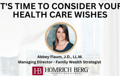 An advertisement titled Its Time to Consider Your Health Care Wishes features a portrait of a smiling woman, identified as Abbey Flaum, J.D., LL.M., Managing Director - Family Wealth Strategist at Homrich Berg Wealth Management.