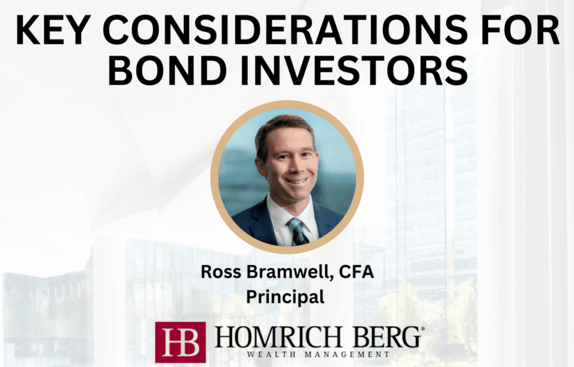 Presentation slide titled Key Considerations for Bond Investors featuring a photo of Ross Bramwell, CFA, described as a Principal. The logo for Homrich Berg Wealth Management is displayed at the bottom.