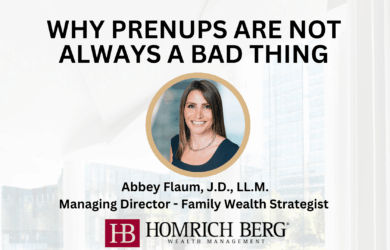 Image of a professional presentation slide with the title Why Prenups Are Not Always a Bad Thing. It features a portrait of Abbey Flaum, J.D., L.L.M., Managing Director - Family Wealth Strategist, and the Homrich Berg logo at the bottom.