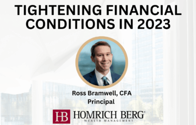 A professional presentation slide titled Tightening Financial Conditions in 2023 featuring a photo of a man named Ross Bramwell, CFA Principal. The slide includes the Homrich Berg Wealth Management logo at the bottom.