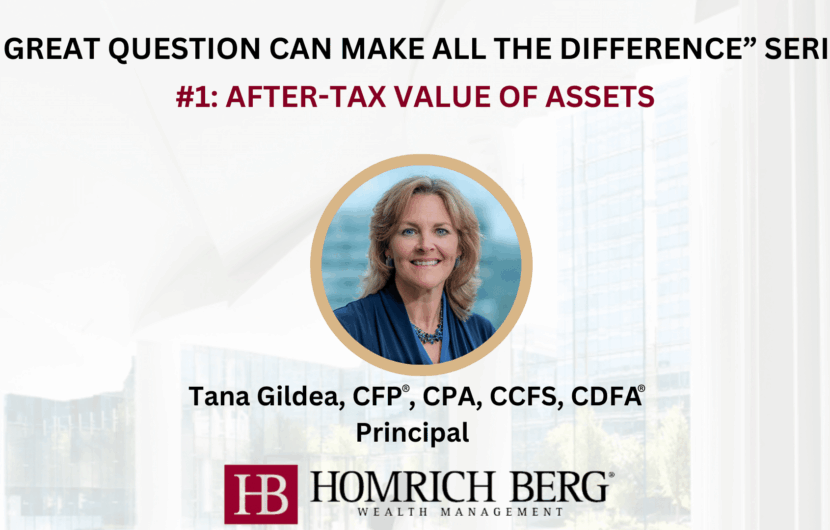 Graphic titled A Great Question Can Make All the Difference Series: #1 After-Tax Value of Assets with a photo of a smiling woman in the center. Below, it states Tana Gildea, CFP®, CPA, CCFS, CDFA®, Principal and features the Homrich Berg logo.