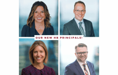 A composite image of four business professionals, two women and two men, each in individual headshots. Text in the center reads Our New HB Principals! The background is a soft blur of what appears to be office settings.