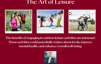 A poster titled Beyond the Numbers: The Art of Leisure features photos of people hiking, skiing, and playing soccer. It highlights benefits of outdoor activities for reducing stress, improving mental health, and enhancing well-being. Author: Jimmy Trimble.
