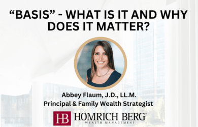 Slide with the title BASIS - WHAT IS IT AND WHY DOES IT MATTER? featuring a professional headshot of a person. Below is the name Abbey Flaum, J.D., LL.M., with the title Principal & Family Wealth Strategist. Homrich Berg Wealth Management logo included.