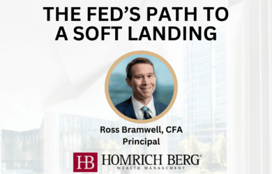 A business presentation slide titled The Feds Path to a Soft Landing featuring a headshot of Ross Bramwell, CFA, Principal. Below is the Homrich Berg Wealth Management logo. The background shows a blurred office setting.
